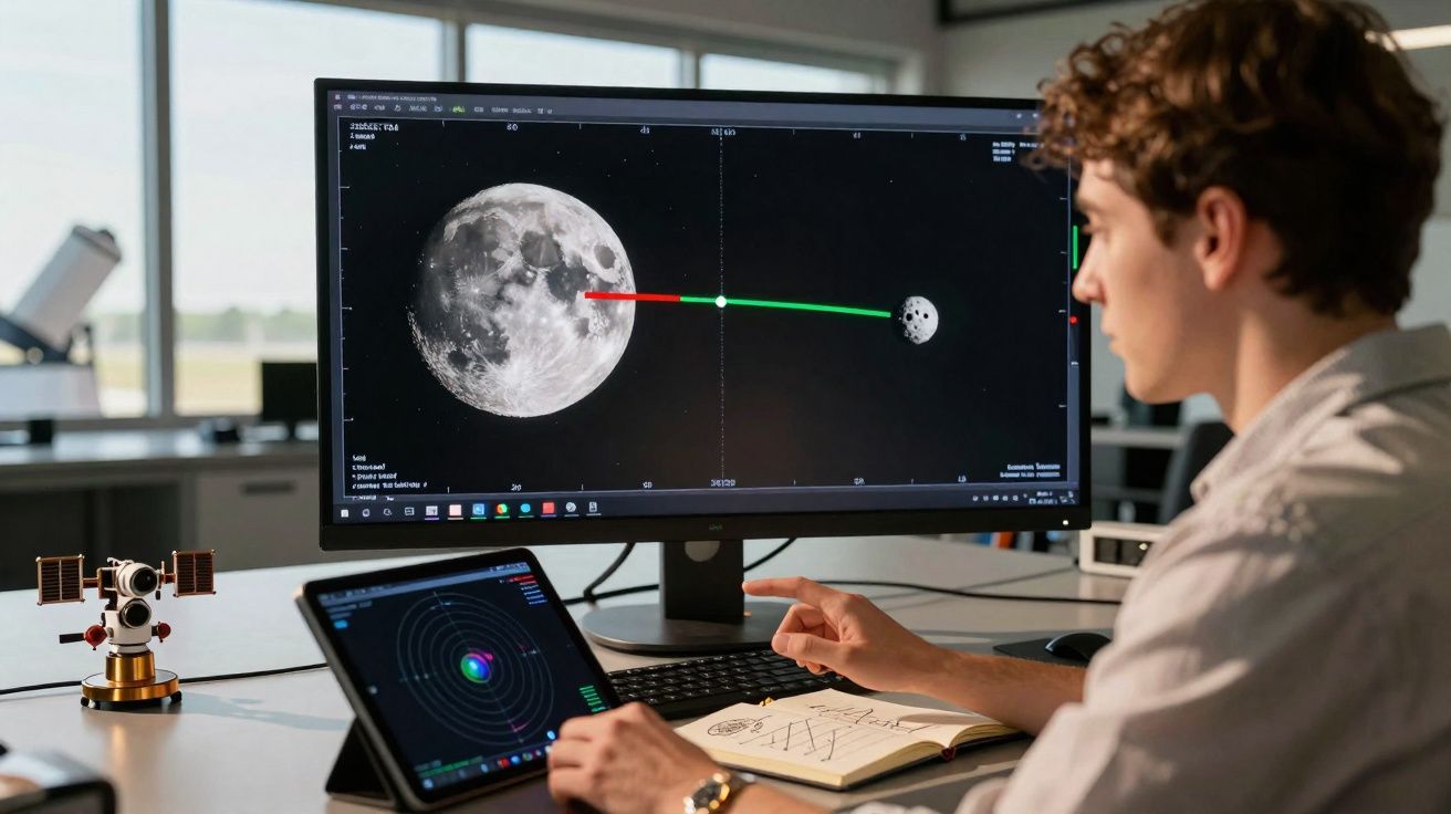 Jovem observa simulação da Lua em tela enquanto estuda sistema solar em tablet e faz anotações.
