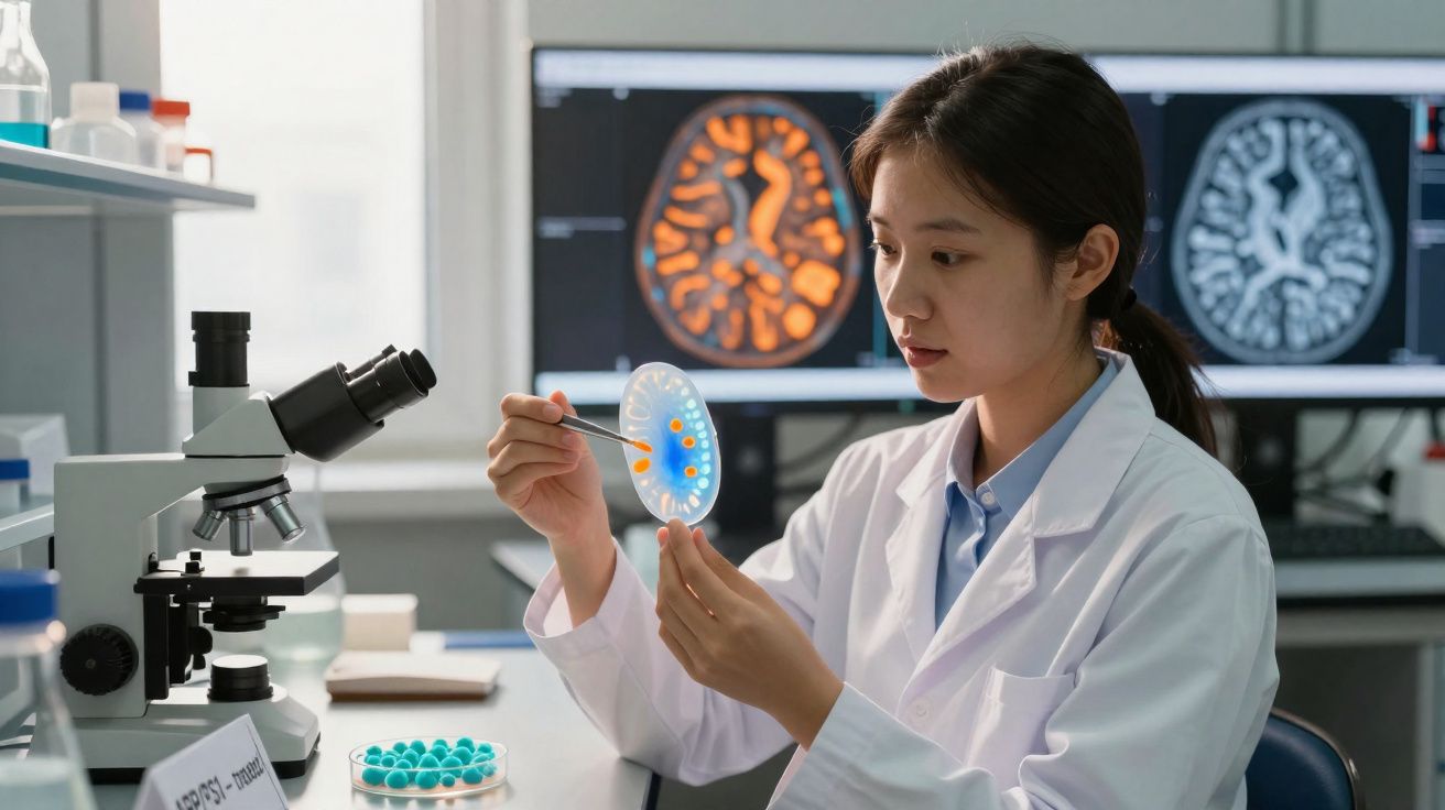 Pesquisadora analisando placa de Petri colorida em laboratório com imagens cerebrais em monitores ao fundo.