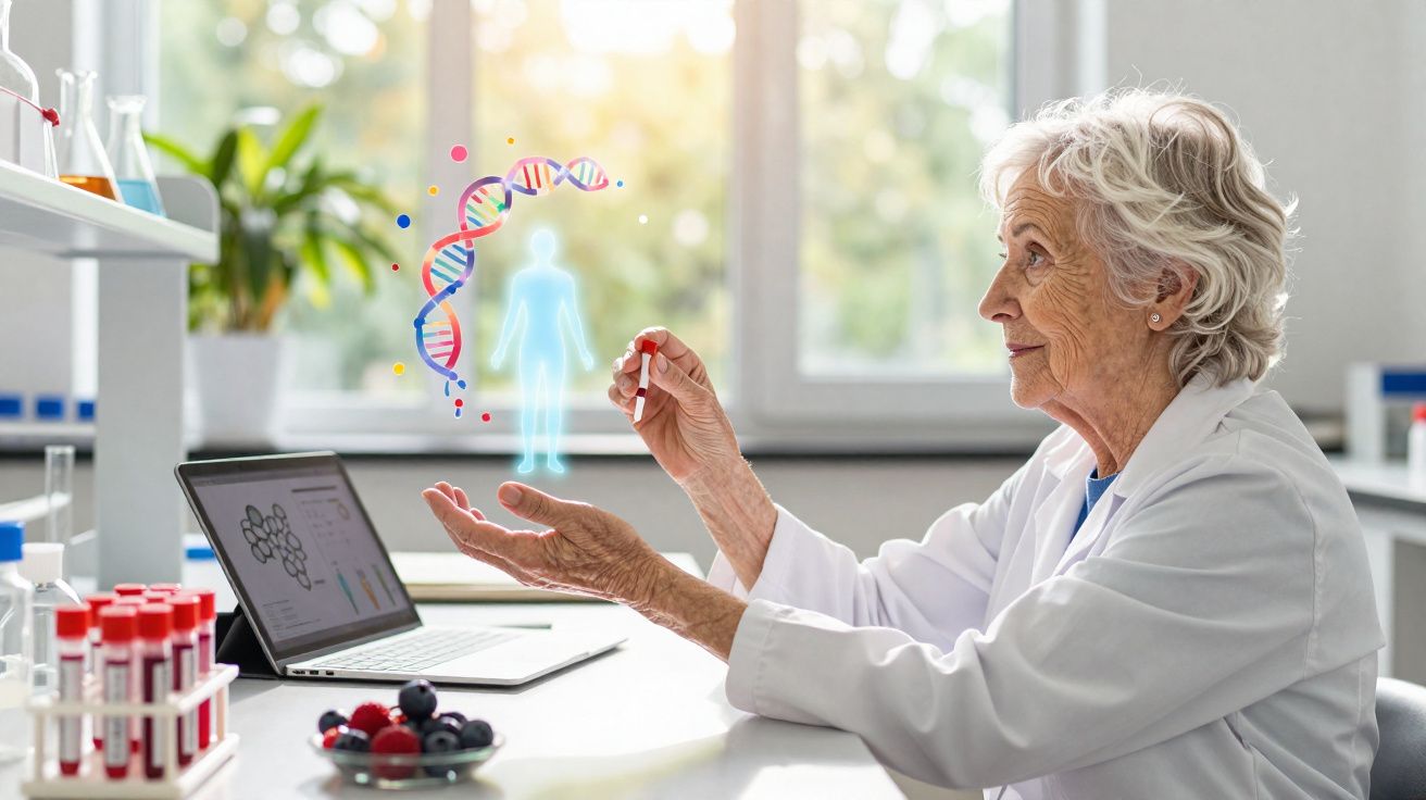 Cientista idosa analisando holograma de DNA e figura humana em laboratório com laptop e tubos de ensaio.