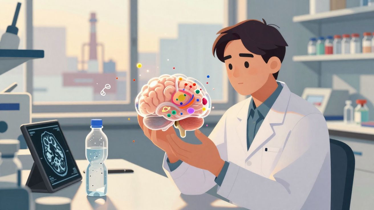 Cientista em laboratório analisando modelo 3D colorido de cérebro humano com exames ao redor.