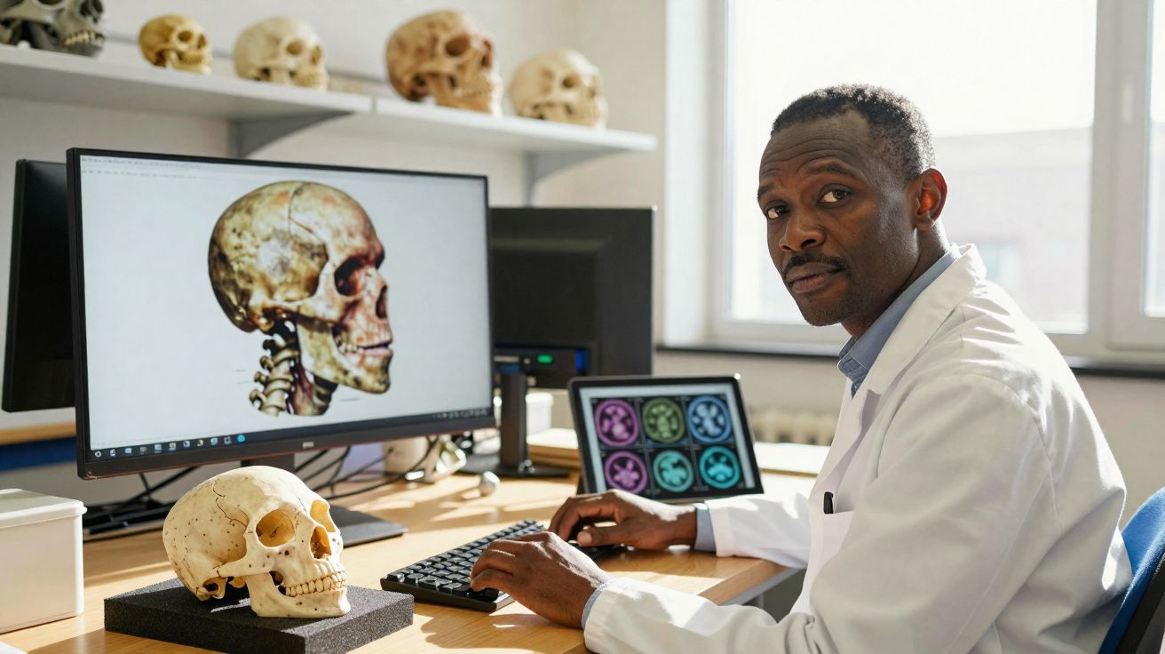 Homem negro em jaleco branco analisa imagem 3D de crânio em computador no consultório médico.