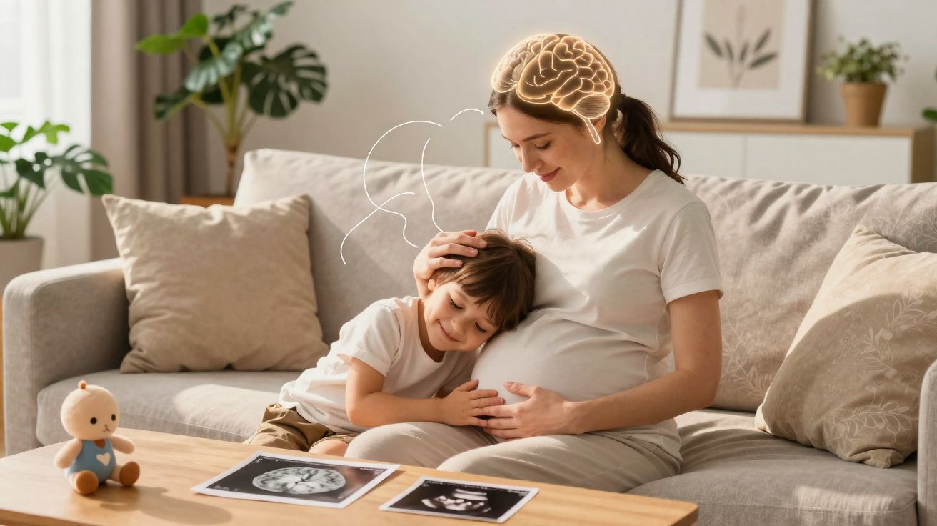 Mãe grávida sentada no sofá com filho abraçando a barriga e imagens de ultrassom na mesa.