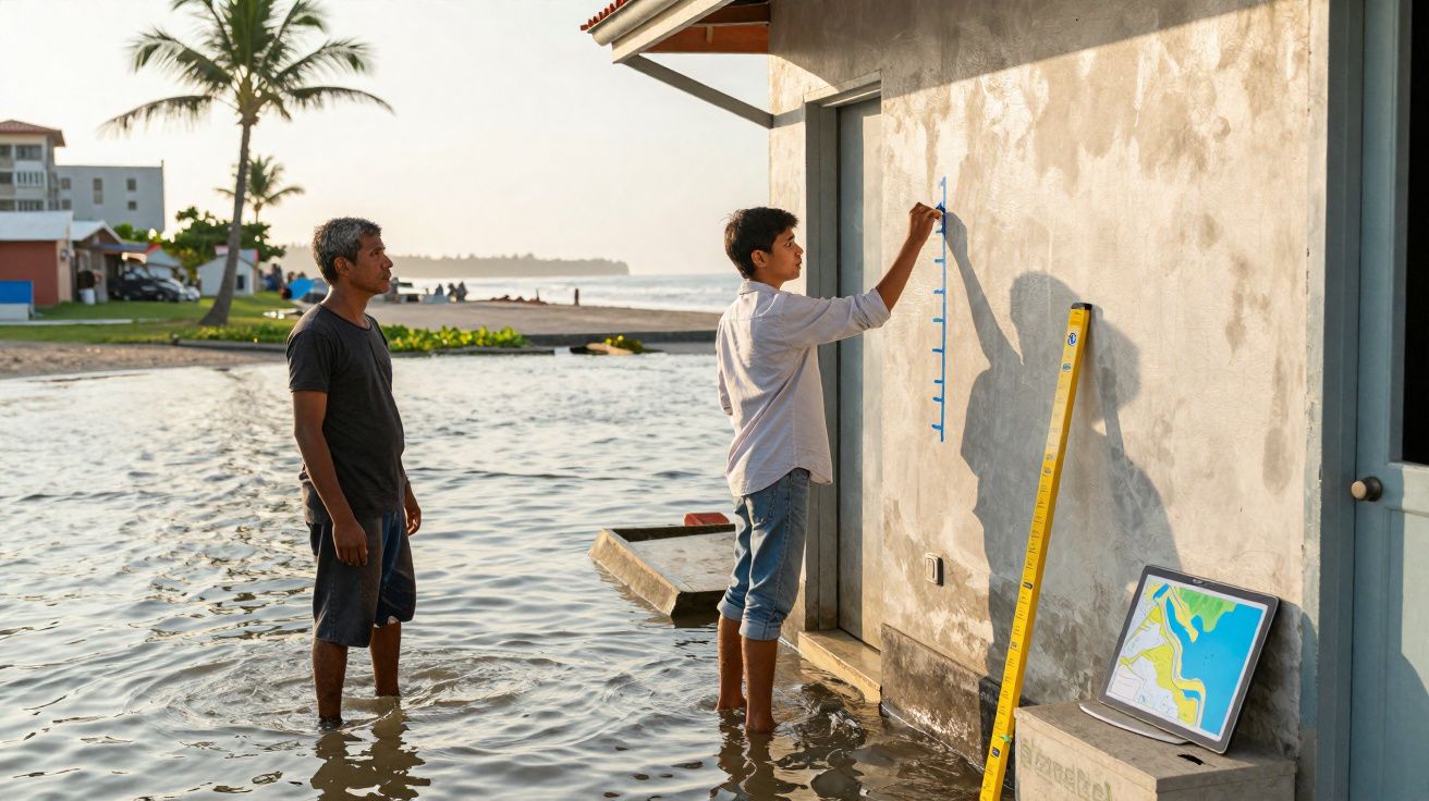 Homem mede nível de inundação em casa com água pela canela e tablet mostrando mapa na parede.