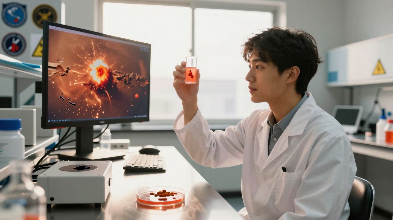 Cientista em jaleco branco analisando líquido alaranjado em laboratório moderno com computador e placa de Petri.