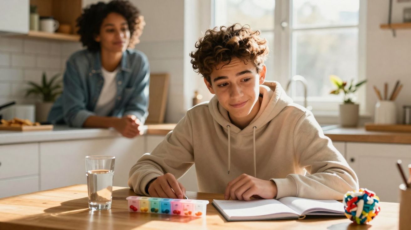Adolescente sorridente sentado à mesa estudando, com mulher ao fundo em cozinha iluminada pela luz natural.