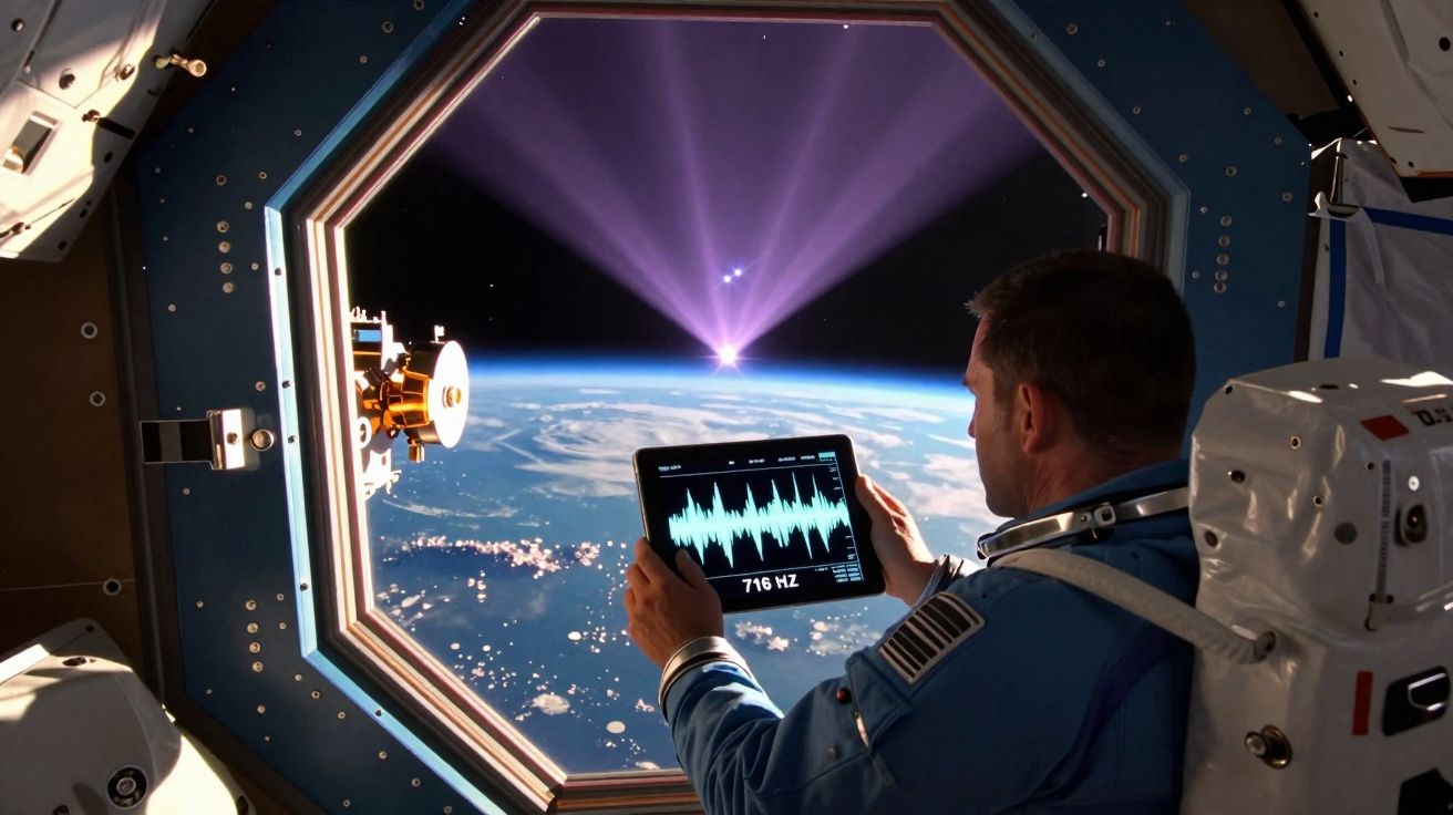 Astronauta olha para tablet com gráfico sonoro, janela da nave mostra Terra e feixe de luz no espaço.