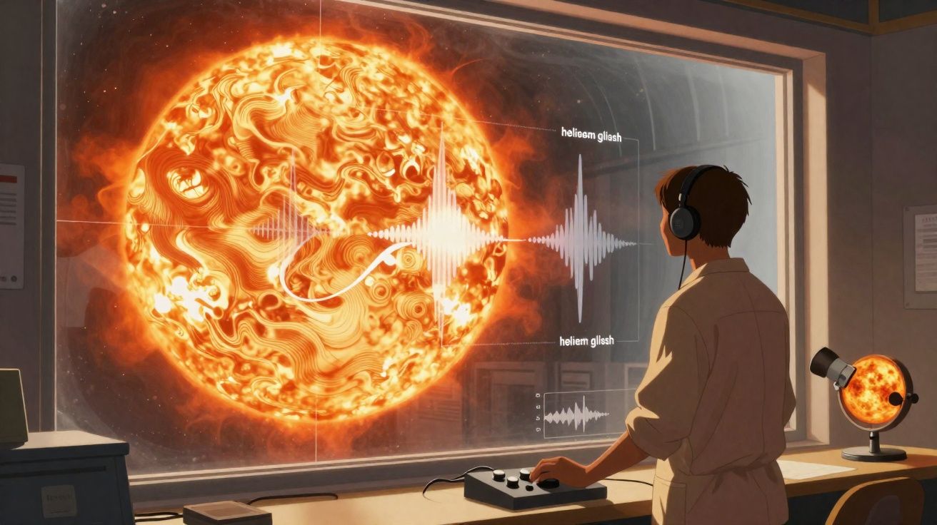 Pessoa com fones em laboratório observa holograma grande do sol com ondas sonoras na janela.