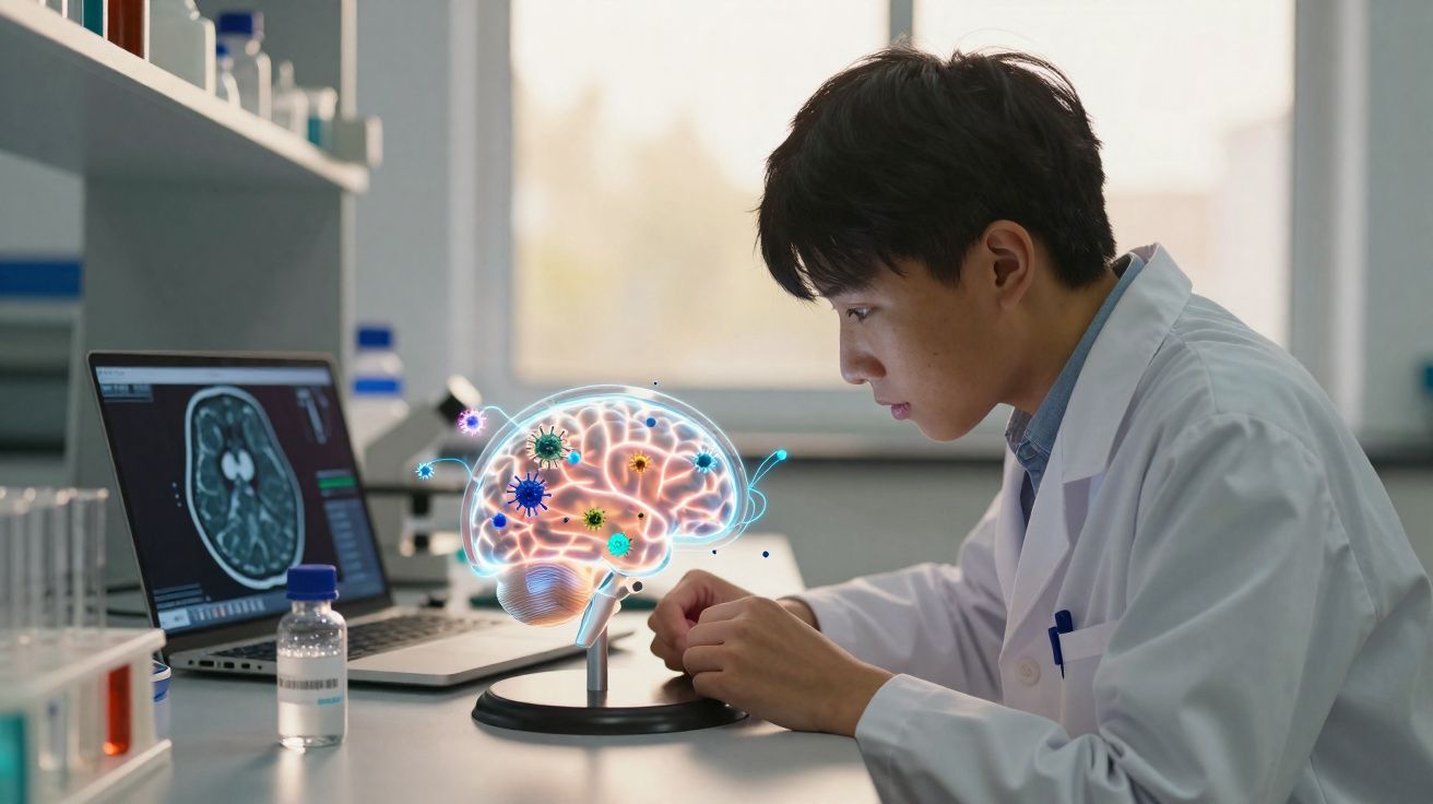 Cientista analisando modelo de cérebro com vírus, ao lado de laptop mostrando exame cerebral.