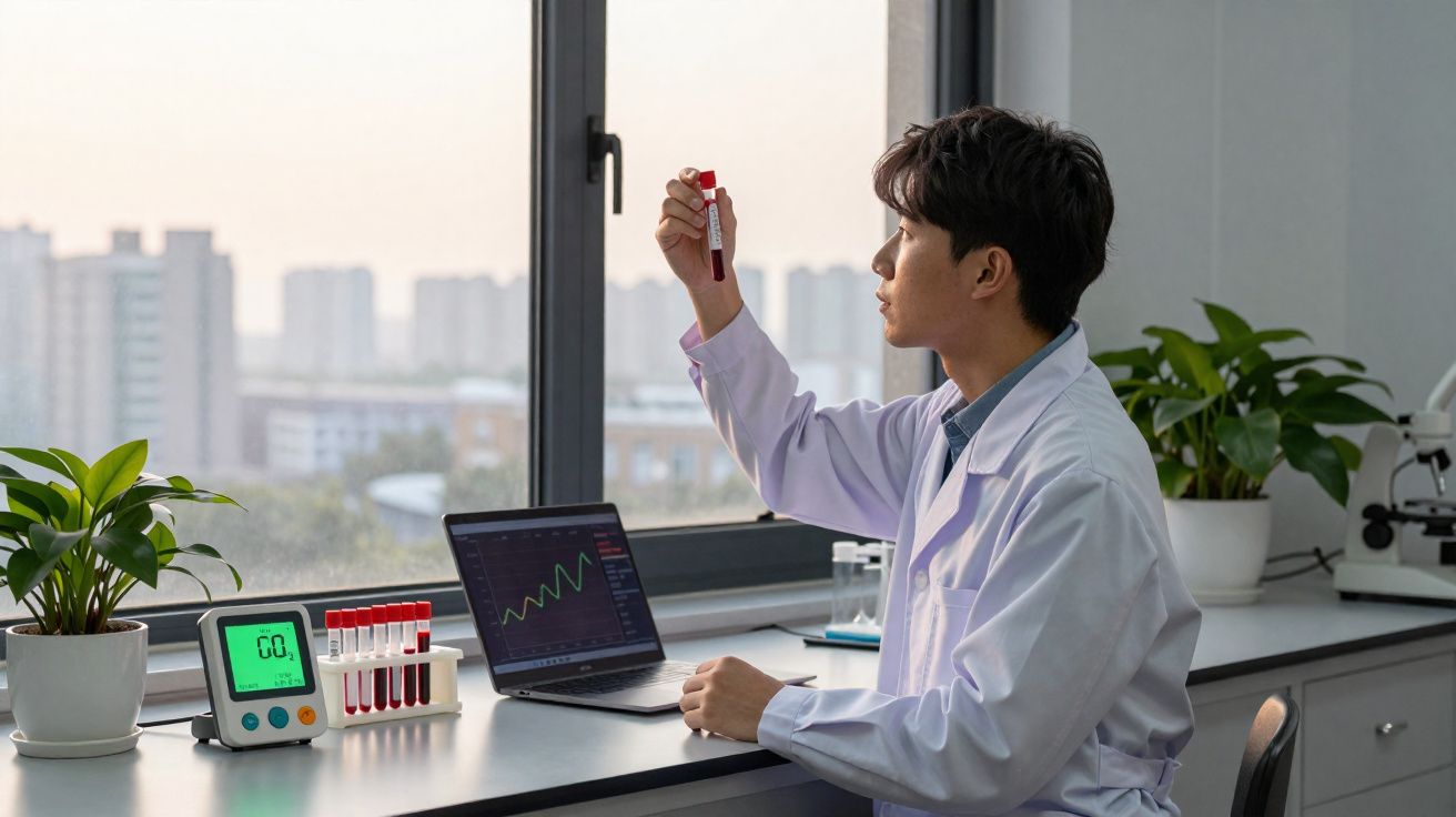 Cientista em jaleco analisando amostra de sangue em tubo de ensaio no laboratório com laptop e plantas.