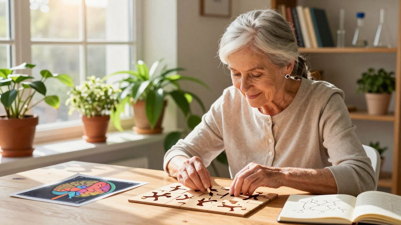 Mulher idosa montando quebra-cabeça de peças marrons em mesa iluminada com plantas ao fundo.