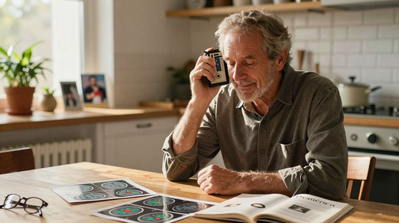 Homem idoso sentado à mesa segurando aparelho auditivo ao lado de exames médicos e livro aberto.