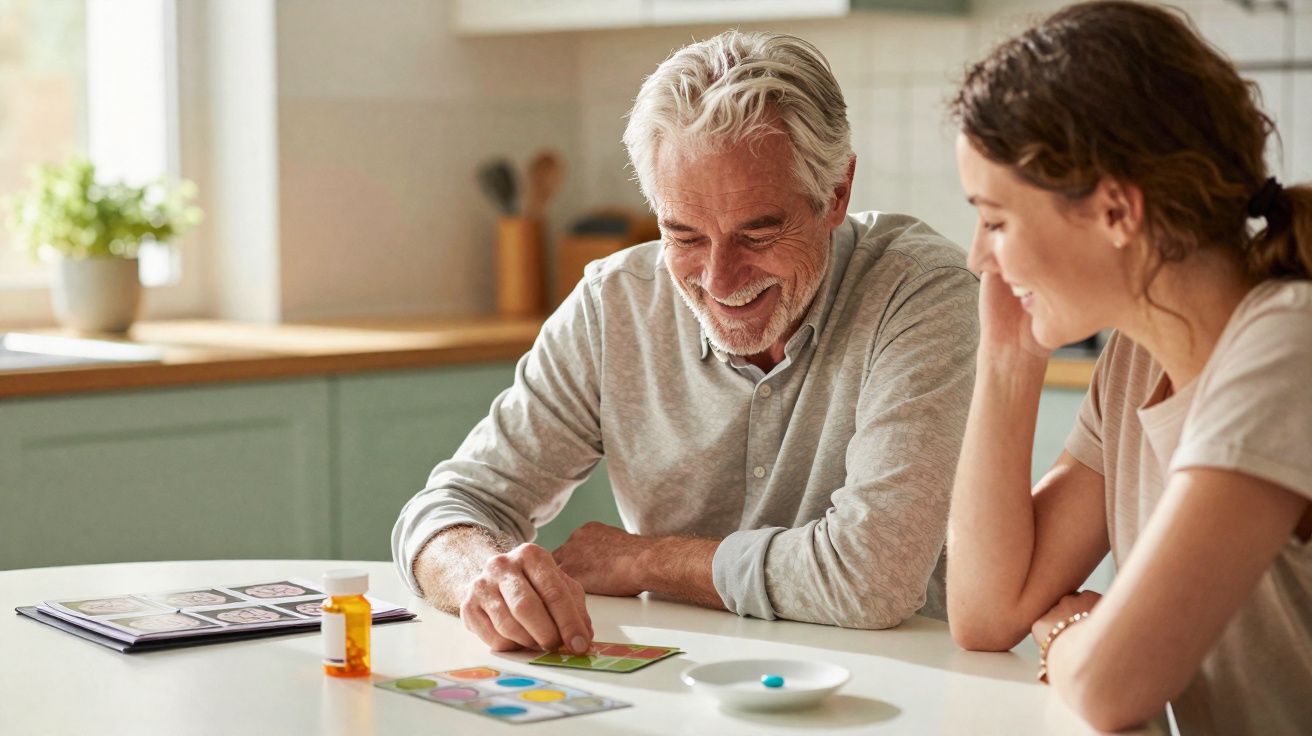 Homem idoso e mulher jovem sorrindo enquanto fazem atividade de terapia cognitiva juntos na mesa da cozinha.