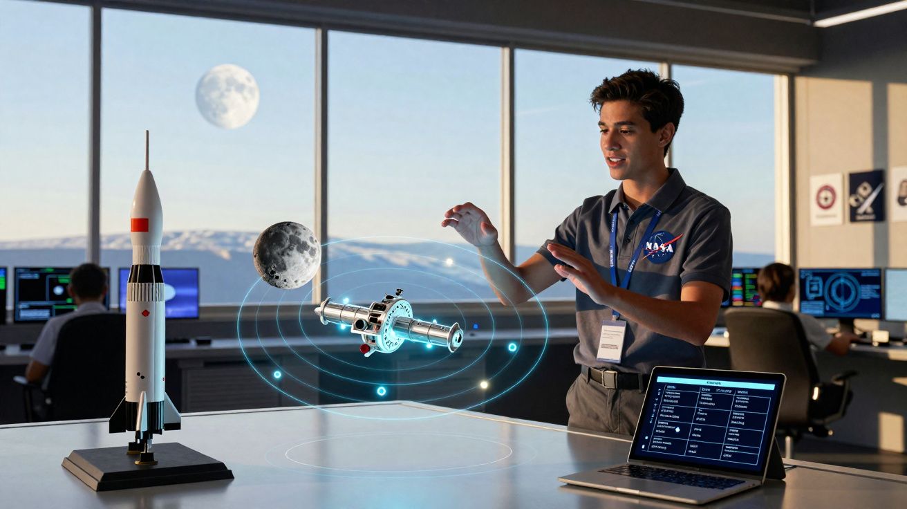 Homem interage com projeção holográfica de satélite em sala futurista com modelo de foguete e laptop.