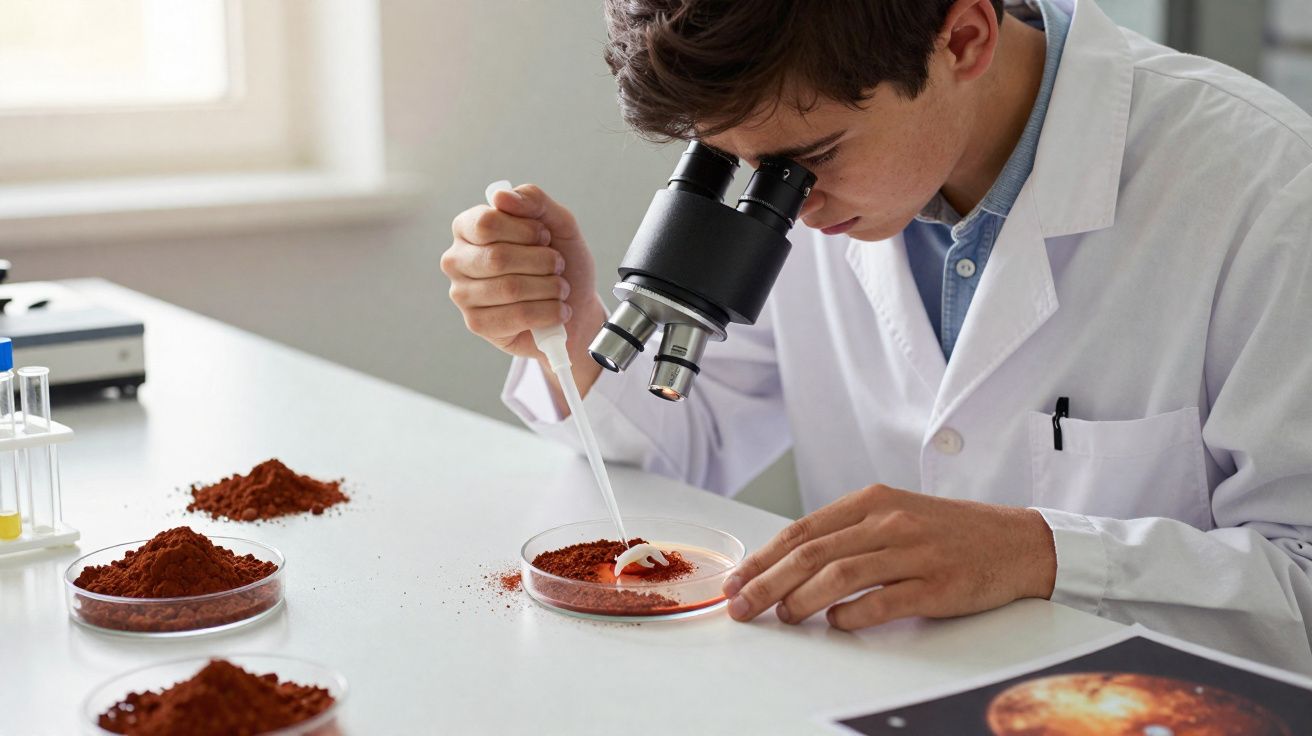 Cientista jovem usando pipeta e microscópio para analisar amostra marrom em prato de cultura no laboratório.
