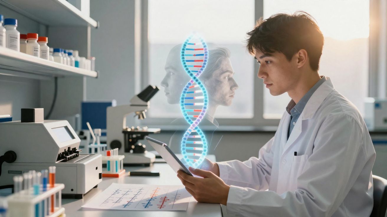 Cientista em laboratório usando tablet, com imagem holográfica de DNA e perfis humanos ao fundo.