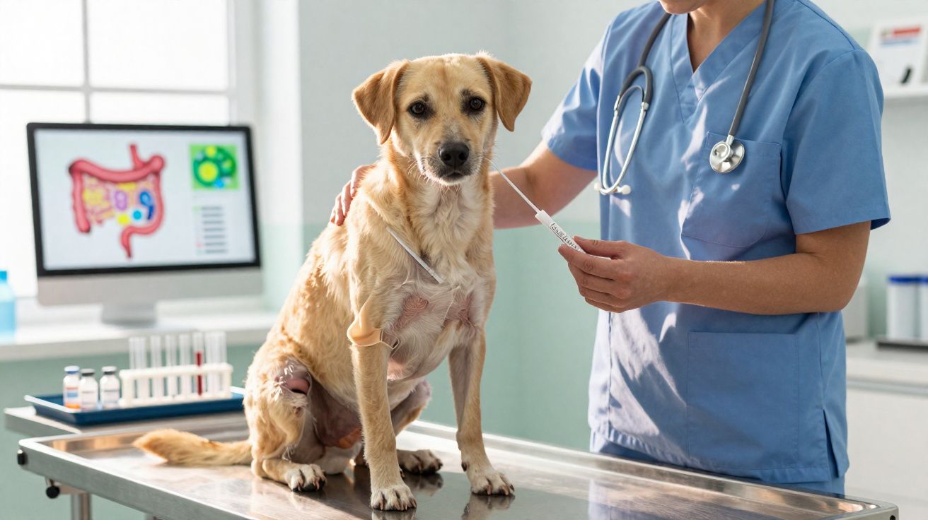 Cachorro recebendo medicamento por sonda nasogástrica por profissional de saúde em clínica veterinária.
