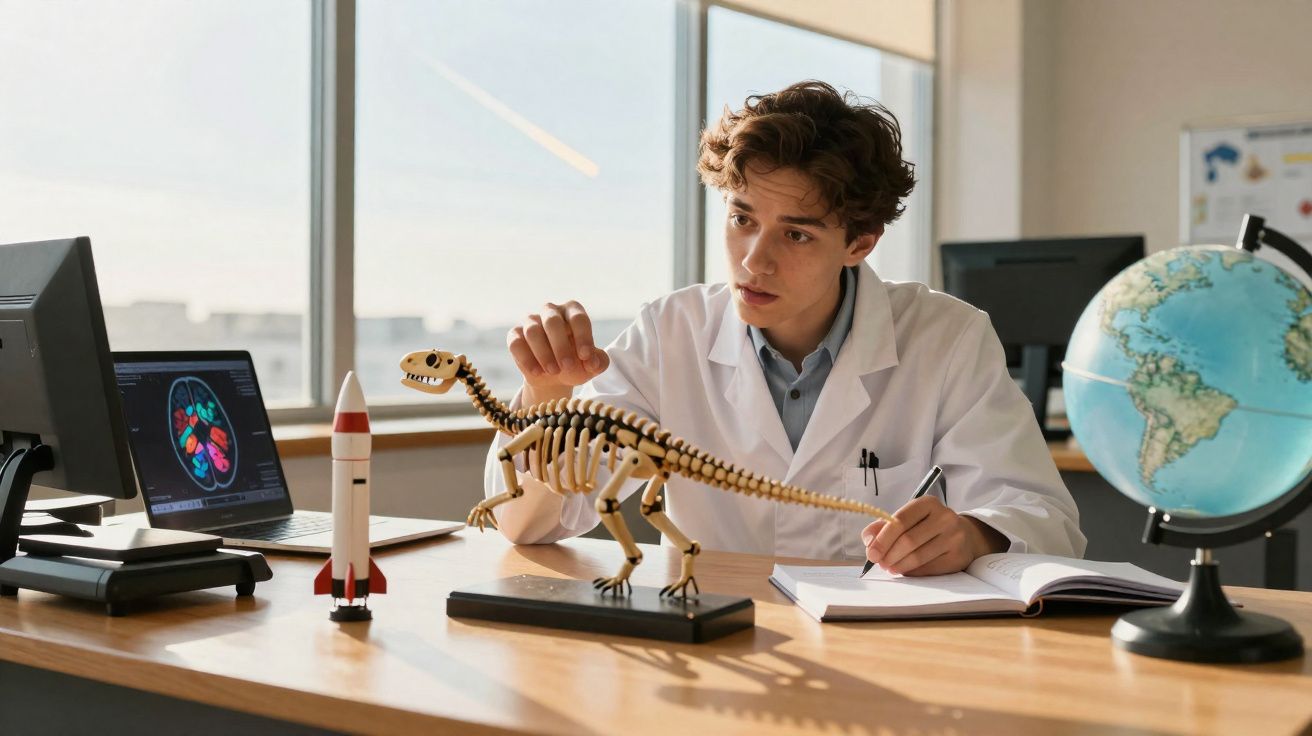 Jovem cientista de jaleco branco estuda esqueleto de dinossauro em miniatura em mesa com globo e computador.