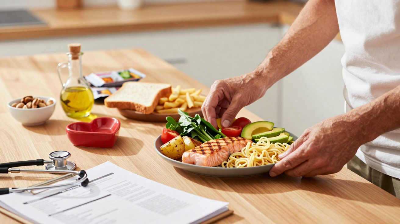 Pessoa segurando prato com salmão, macarrão, batata, tomate, abacate e folhas verdes em cozinha.