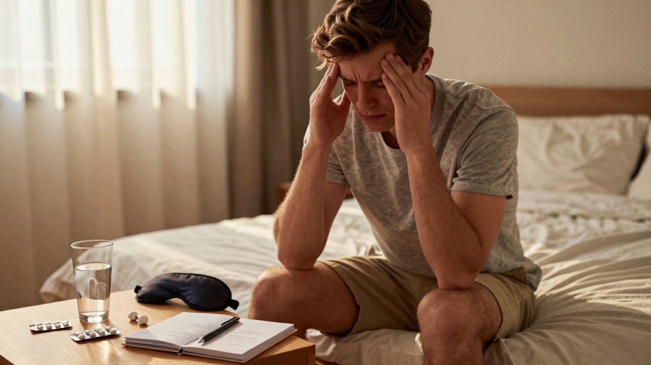 Homem sentado na cama com mãos na cabeça, aparentando dor, ao lado há remédios, um copo d’água e um caderno.