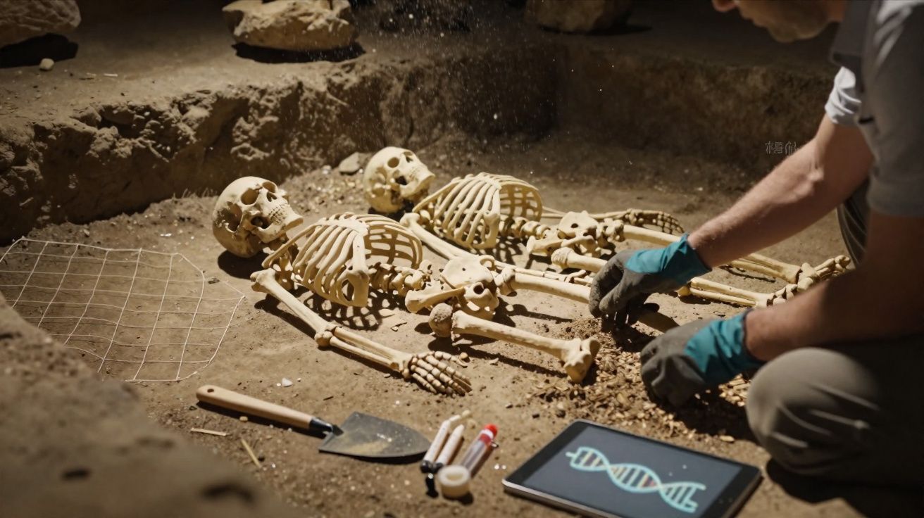 Escavação arqueológica de esqueletos humanos com ferramentas e tablet ao lado mostrando estrutura de DNA.
