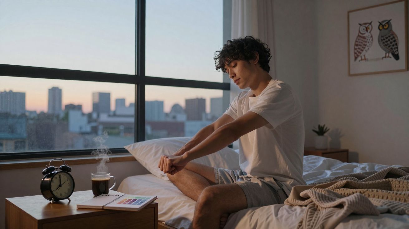 Jovem sentado na cama ao amanhecer, espreguiçando-se, com café e despertador na mesa ao lado.