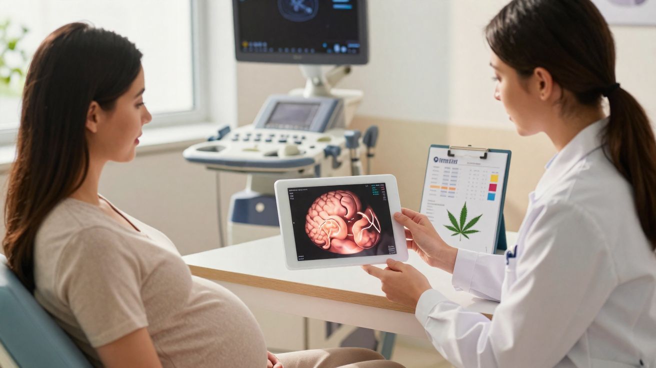 Médica mostrando ultrassom do feto para gestante em consultório com exame e ilustração de folha de cannabis.