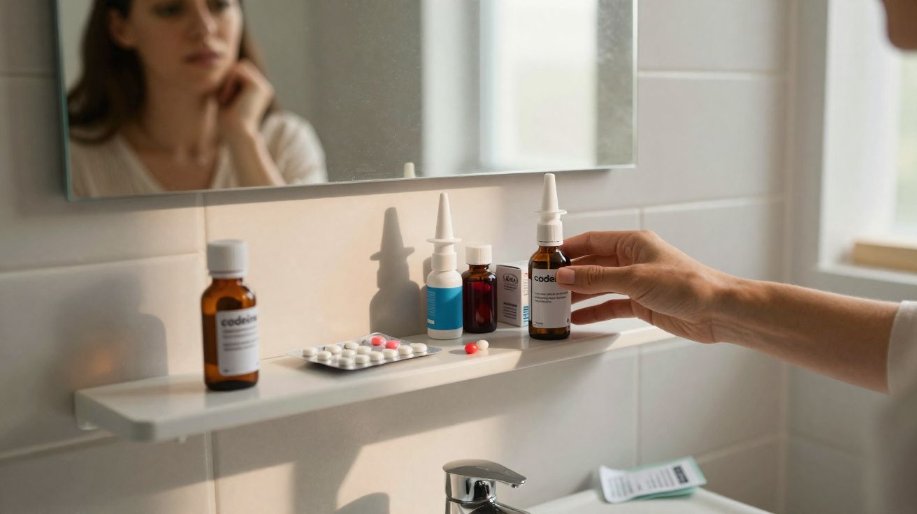 Mão pegando medicamento em frasco na prateleira do banheiro, com mulher pensativa refletida no espelho.