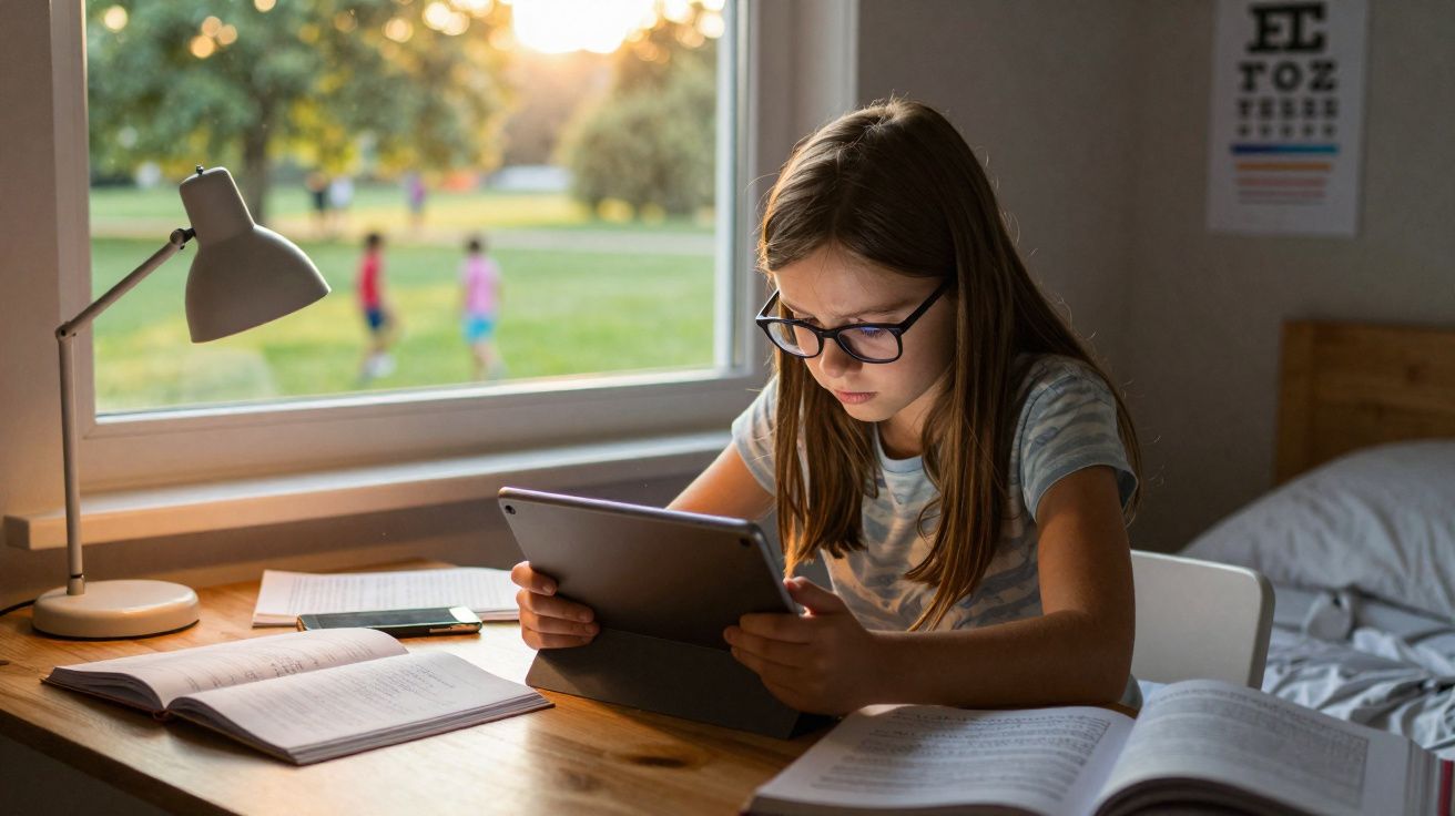 Menina com óculos estudando em mesa iluminada, usando tablet, com livros abertos e janela ao fundo.
