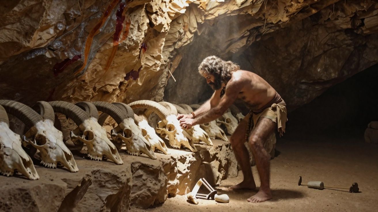 Homem pré-histórico arrumando crânios de animais em caverna iluminada por feixe de luz natural.