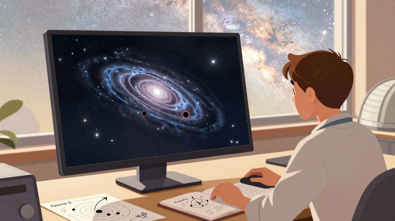 Ilustração de cientista observando galáxia espiral com planetas em computador no laboratório com janela para o espaço.
