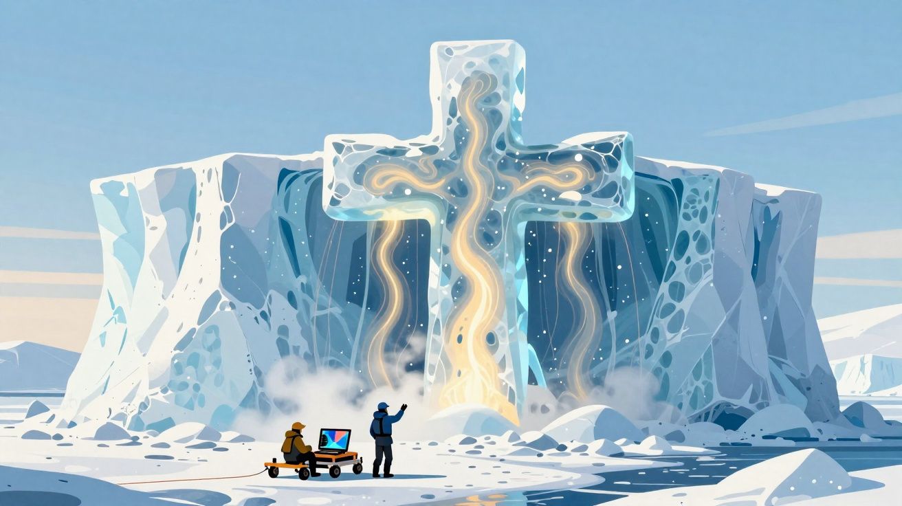 Cruz luminosa em forma de gelo gigante diante de duas pessoas e um monitor em ambiente congelado.