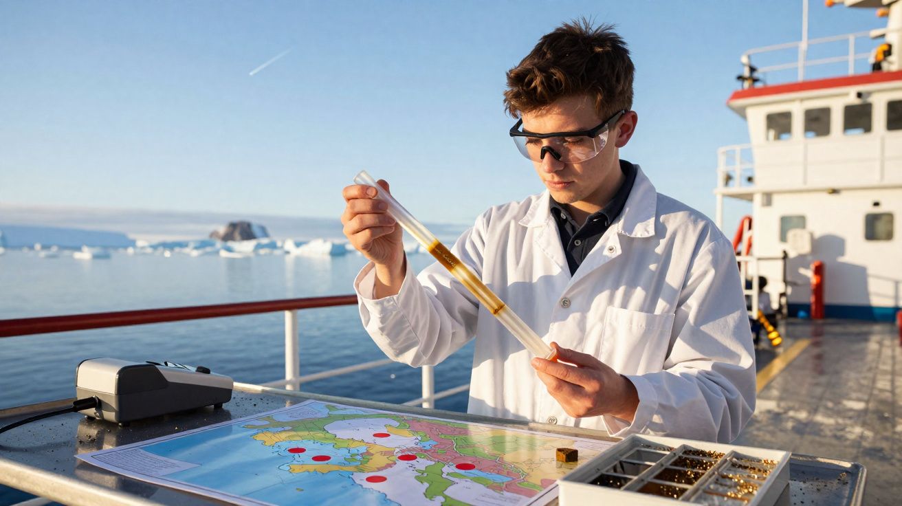 Jovem cientista com jaleco e óculos de proteção analisa amostra líquida em navio, com mapa e gelo ao fundo.