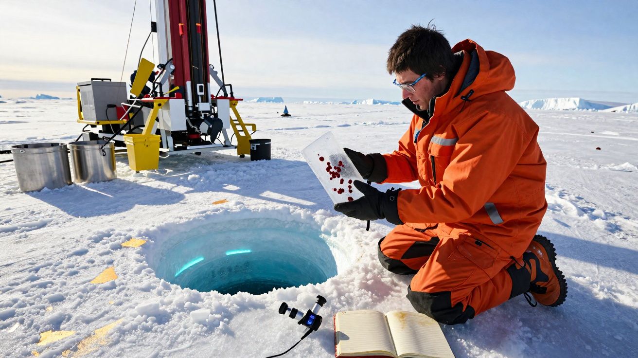 Pesquisador em roupa laranja coleta amostras perto de buraco em gelo com equipamentos científicos na Antártida.