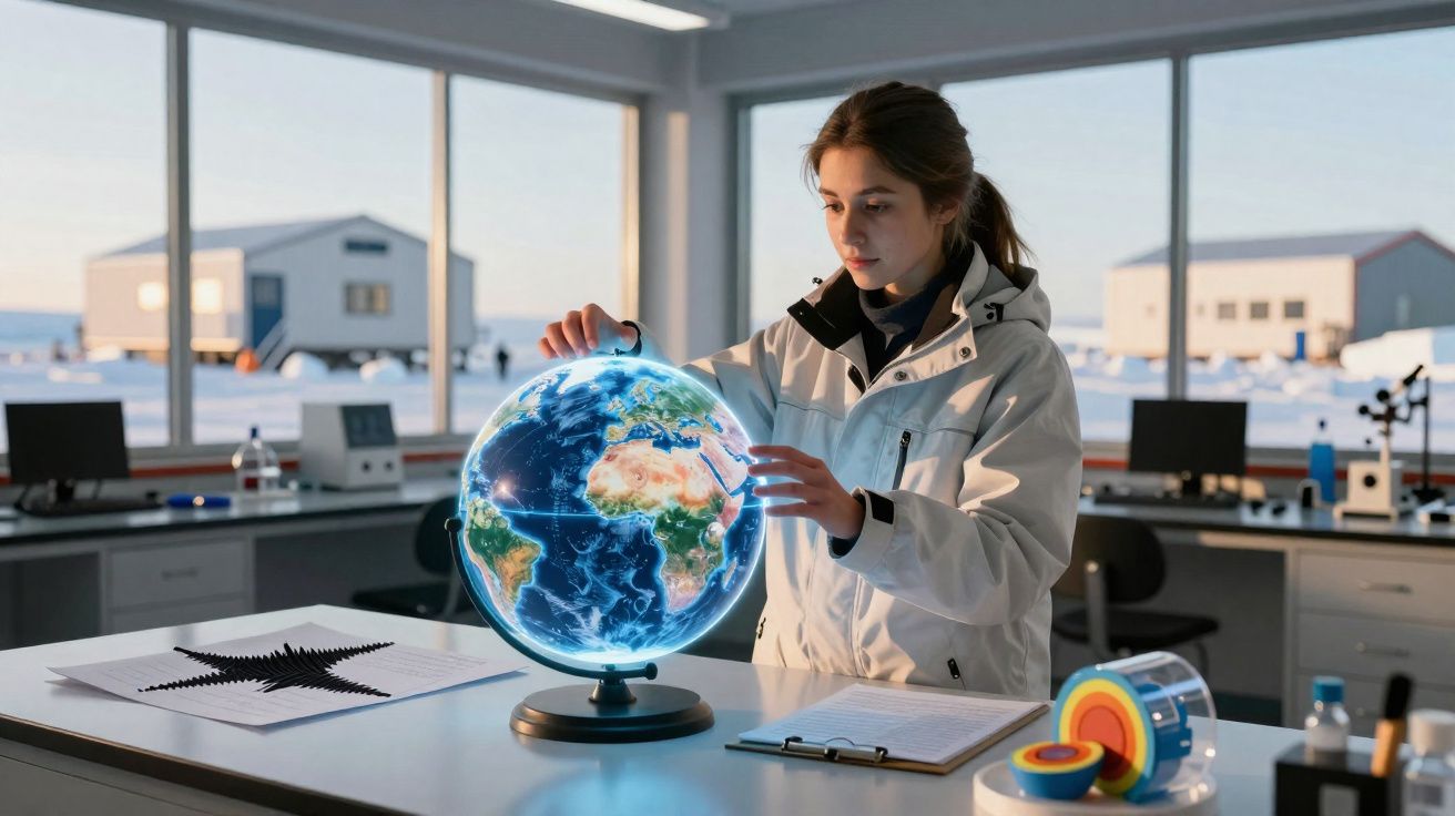 Jovem em laboratório interagindo com globo terrestre iluminado para estudo geográfico.