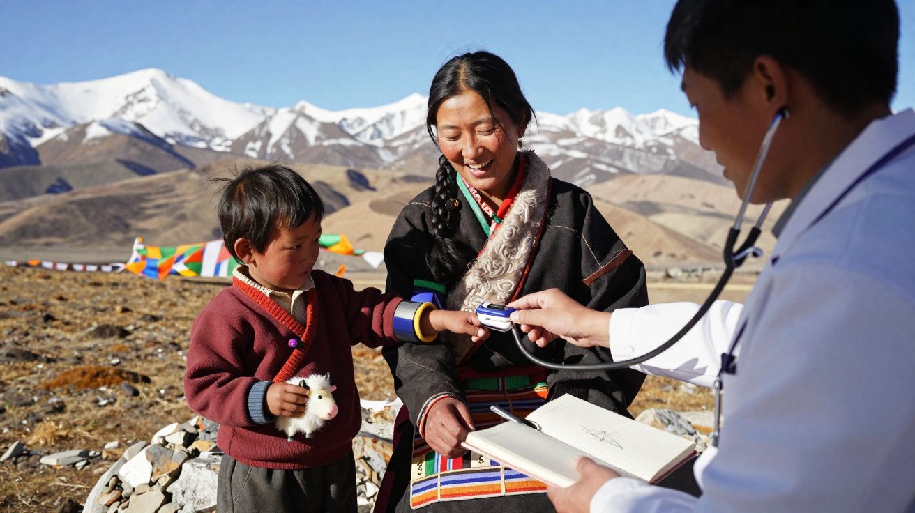 Criança tibetana recebe atendimento médico ao ar livre, com mãe sorridente e montanhas nevadas ao fundo.