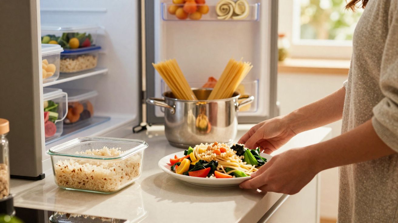 Pessoa segurando prato com macarrão e vegetais ao lado de geladeira e panela com espaguete.