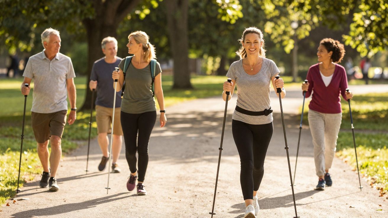 Grupo de cinco pessoas caminhando com bastões de caminhada em parque ensolarado.