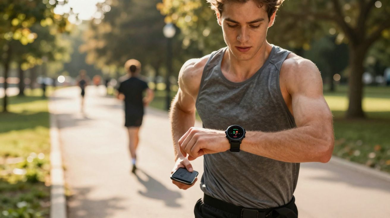 Homem correndo em parque olhando relógio esportivo no pulso durante o dia ensolarado.