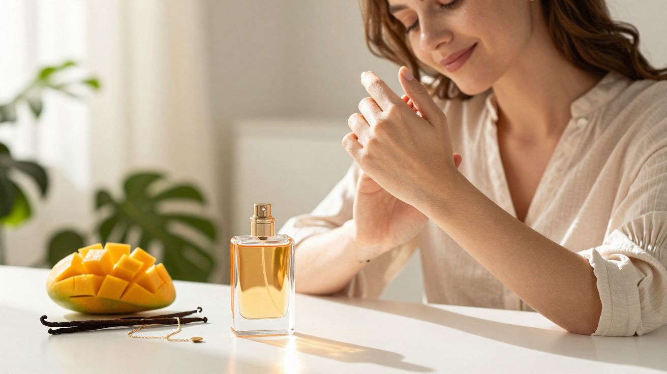 Mulher aplicando perfume nas mãos com manga cortada e fava de baunilha sobre mesa iluminada.