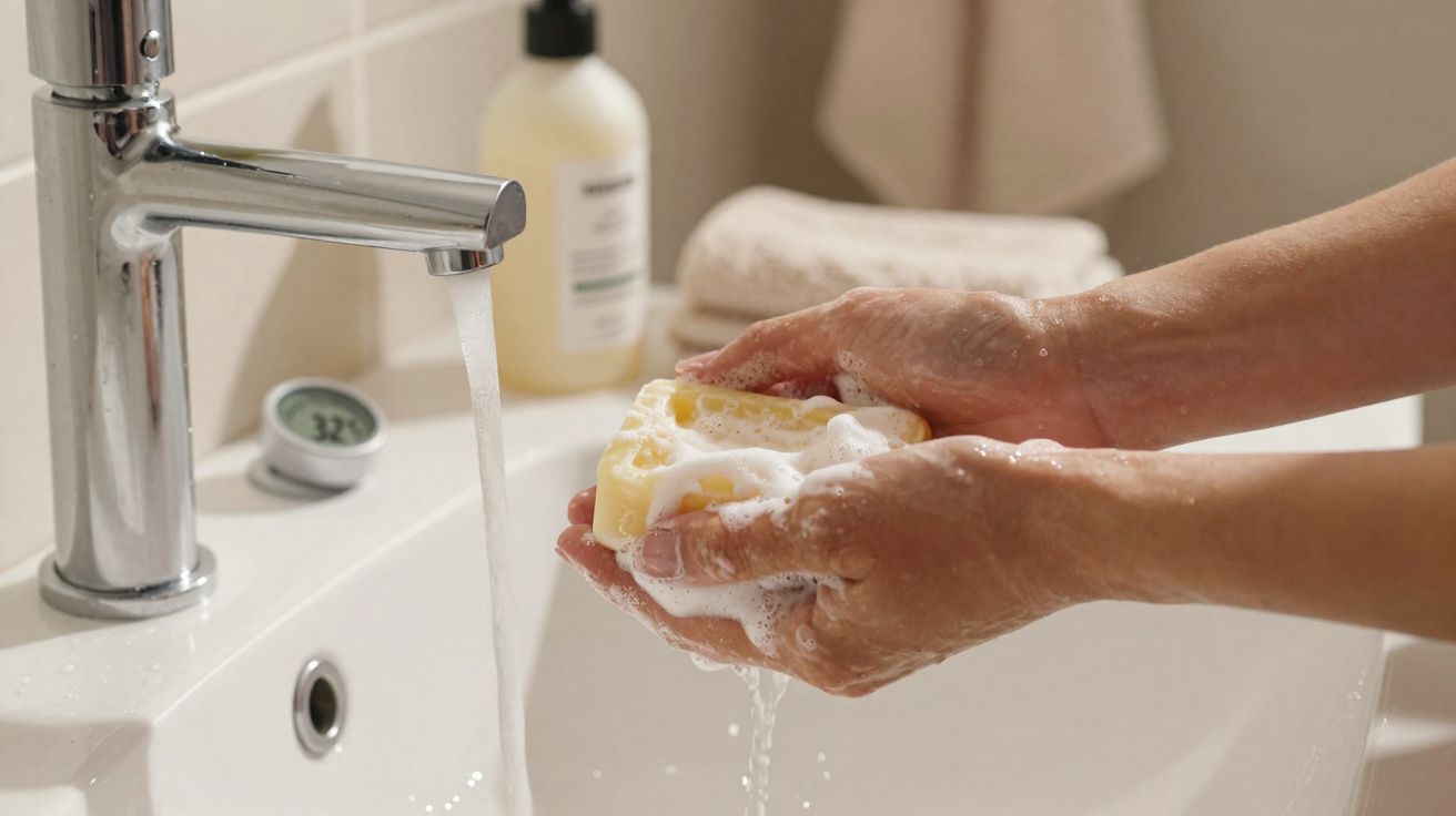 Mãos femininas ensaboando uma barra de sabão branca sob torneira aberta em pia de banheiro.