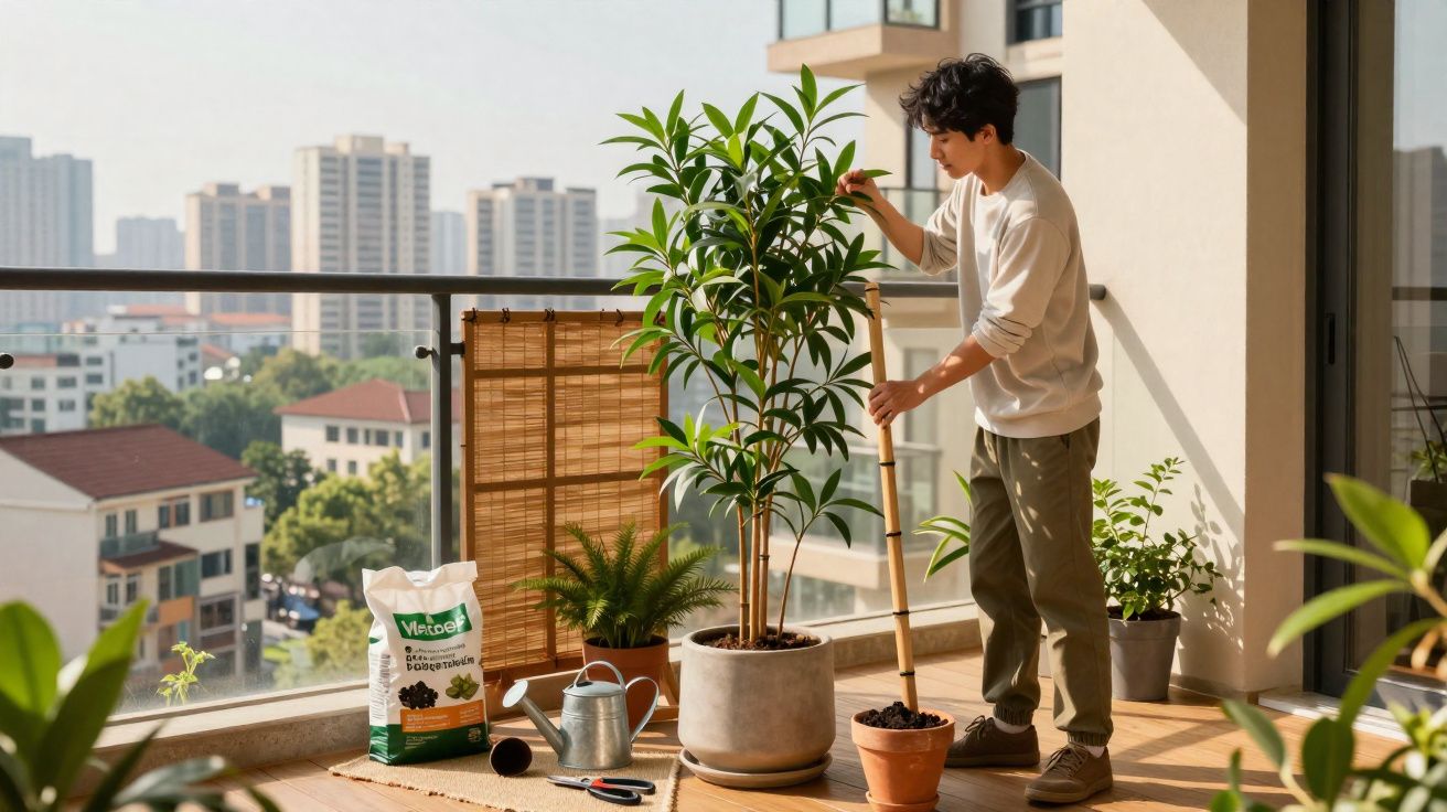 Jovem cuidando de planta em vaso grande na varanda com prédios ao fundo em dia ensolarado.
