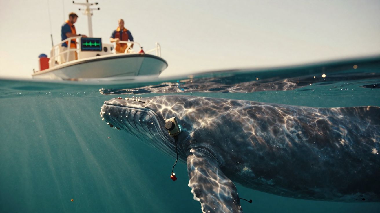Baleia azul com equipamento de monitoramento próximo à superfície, enquanto pesquisadores observam de um barco.