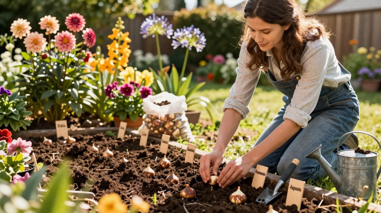 Mulher plantando bulbos em canteiro de jardim florido em dia ensolarado.