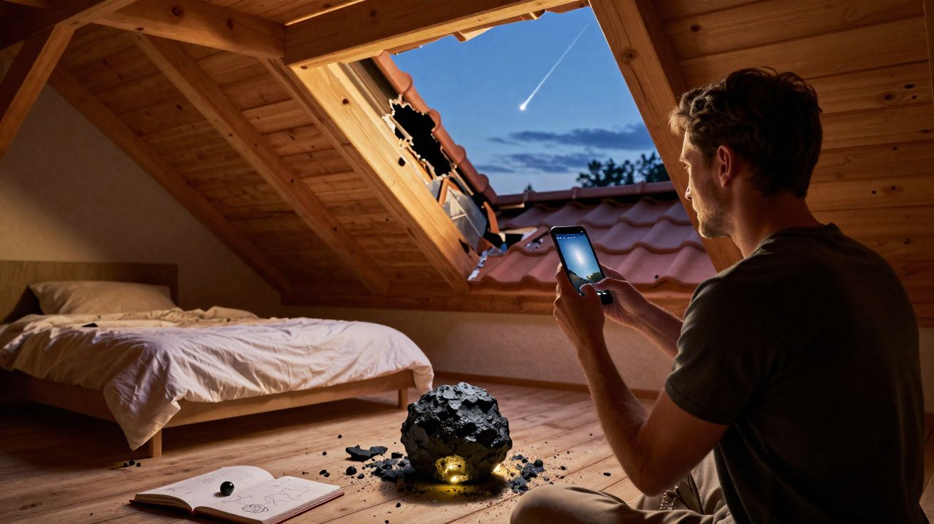 Homem em sótão observa com celular um meteorito iluminado próximo a uma cama e livro aberto.