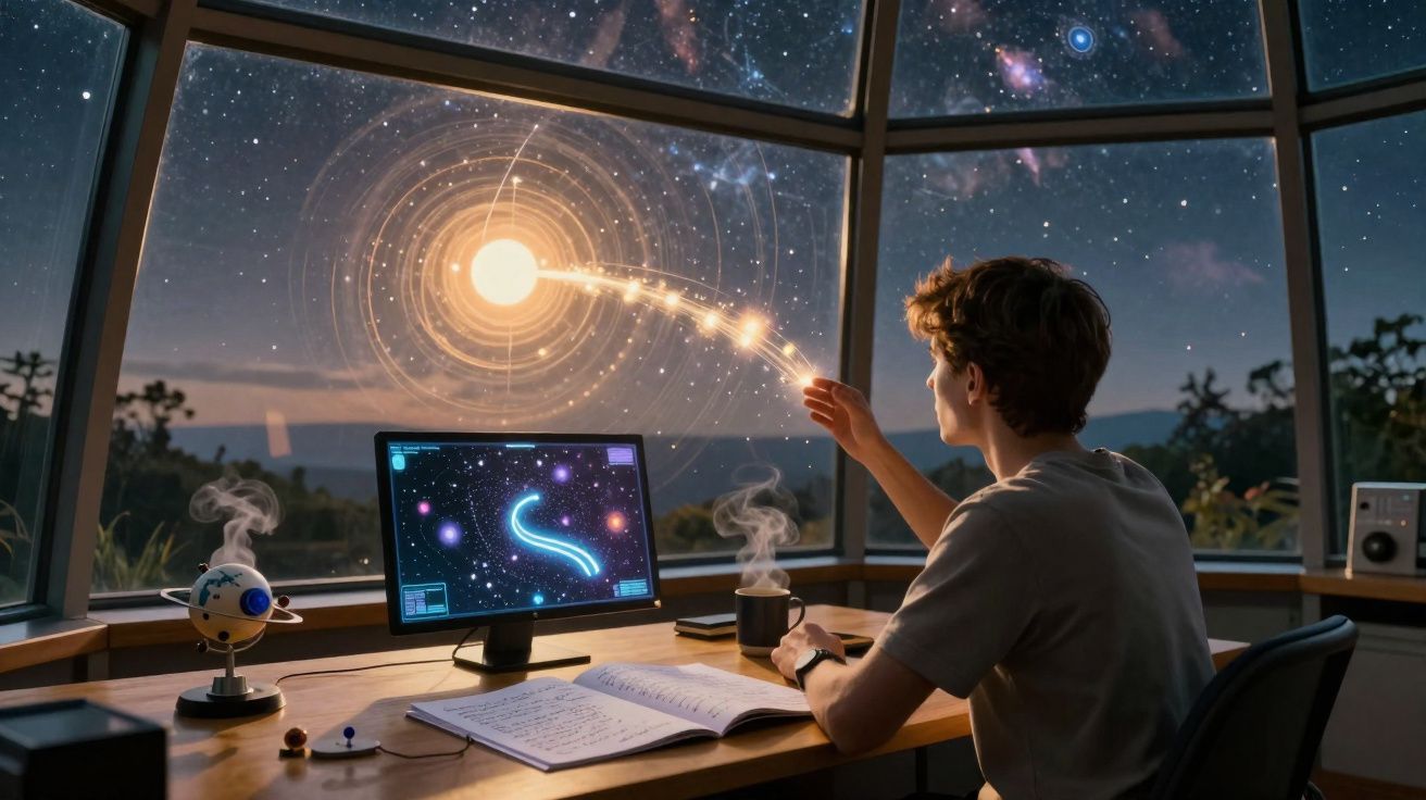 Jovem em estudo de astronomia interage com simulação holográfica de estrela no observatório à noite.