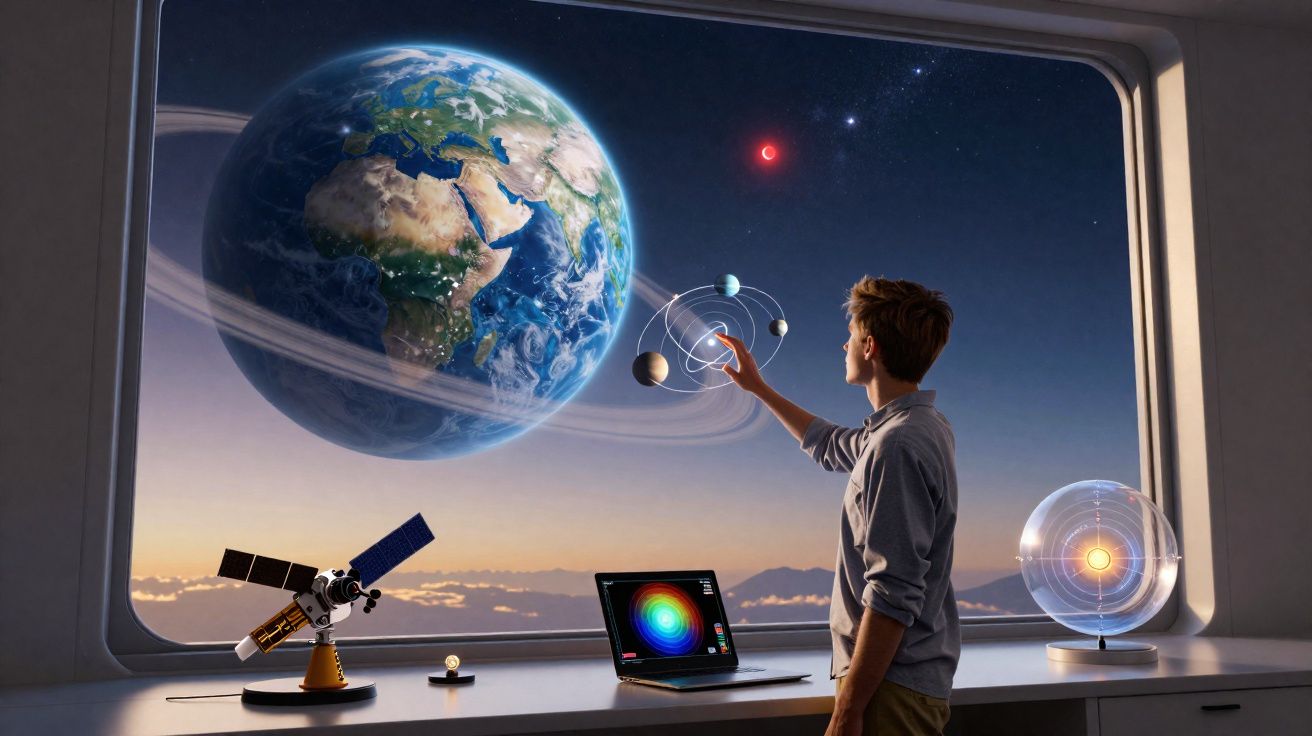 Jovem interage com modelo holográfico do sistema solar em ambiente futurista com vista para a Terra.