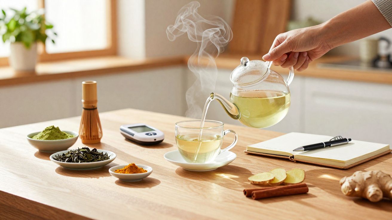 Pessoa servindo chá quente em xícara com ingredientes naturais e aparelho medidor sobre mesa de madeira.