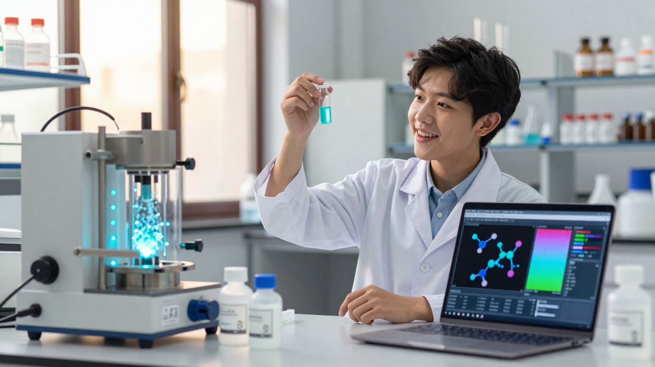 Cientista analisa líquido azul em frasco na mão, com laptop mostrando estrutura molecular em laboratório moderno.
