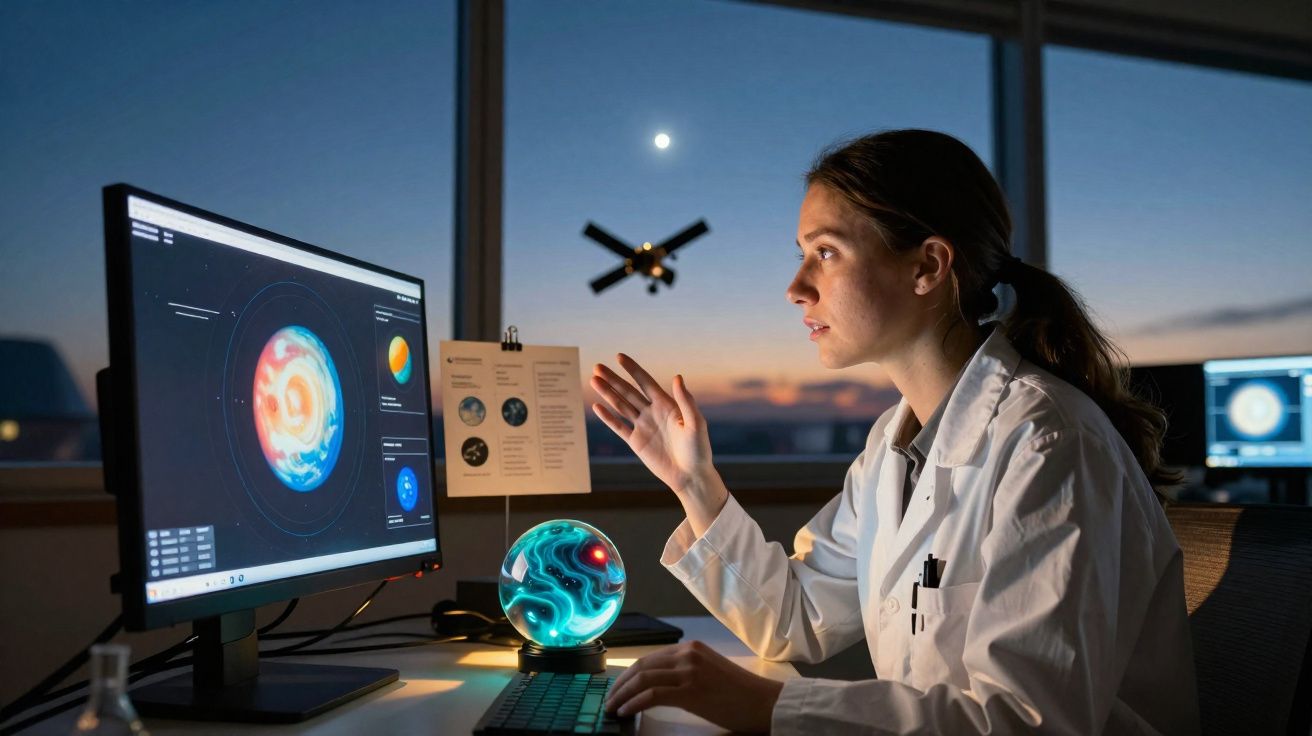 Mulher cientista em laboratório à noite estudando simulação planetária em tela de computador.