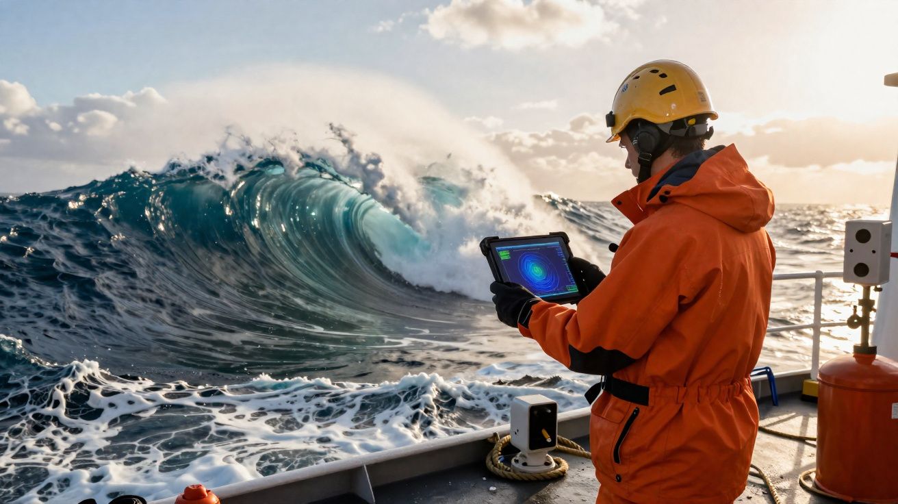 Pesquisador com roupa laranja e capacete monitora dados em tablet próximo a grande onda no mar.